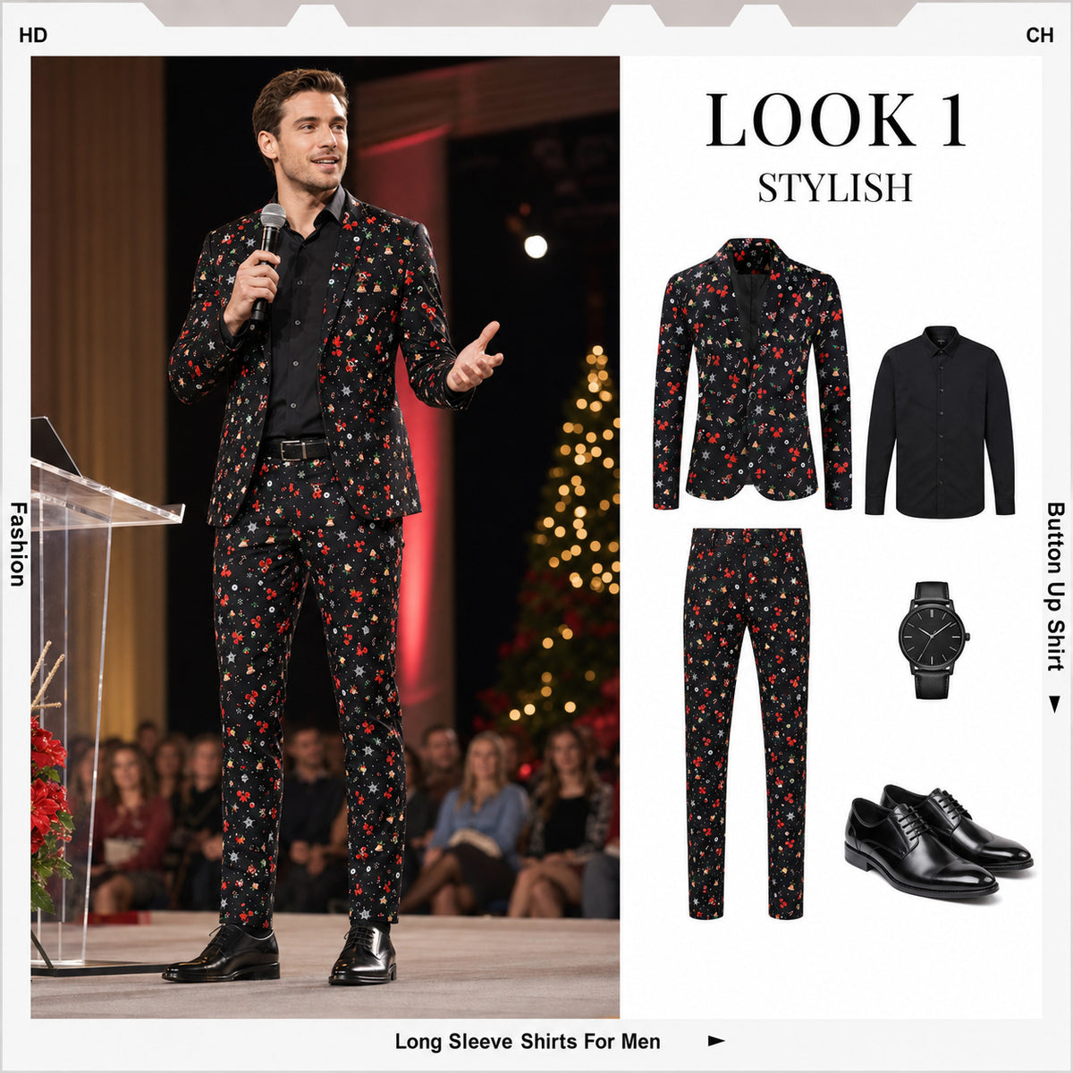 Black Festive Pattern Christmas Suit