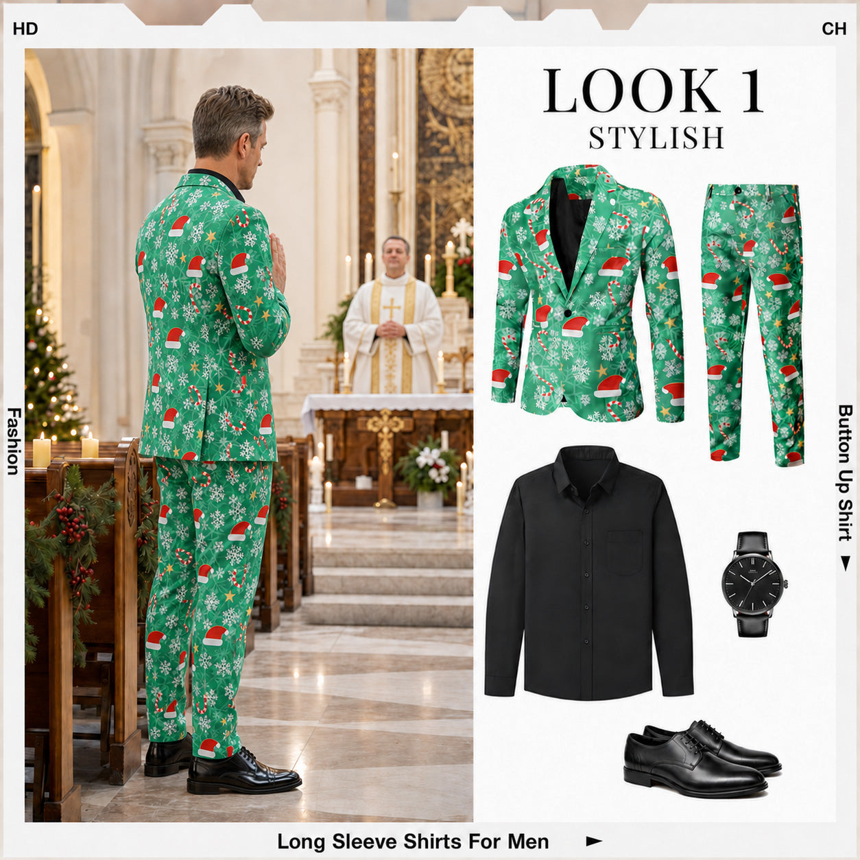 Green Christmas suit and matching pants styled with black dress shirt and shoes | WISHOLIC