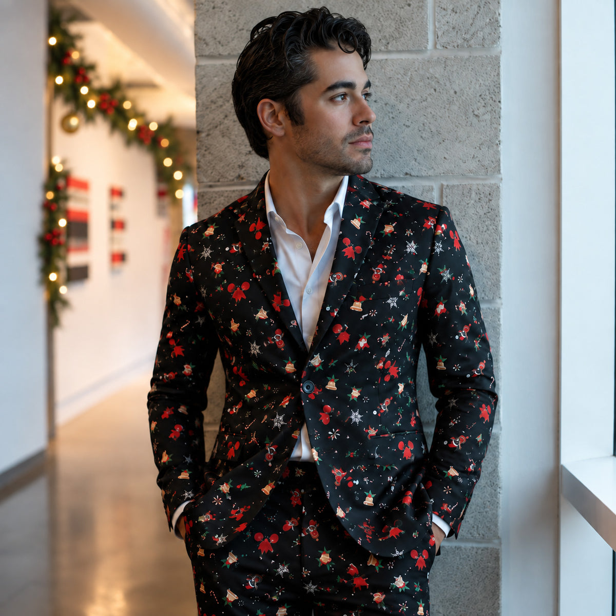 Black Festive Pattern Christmas Suit