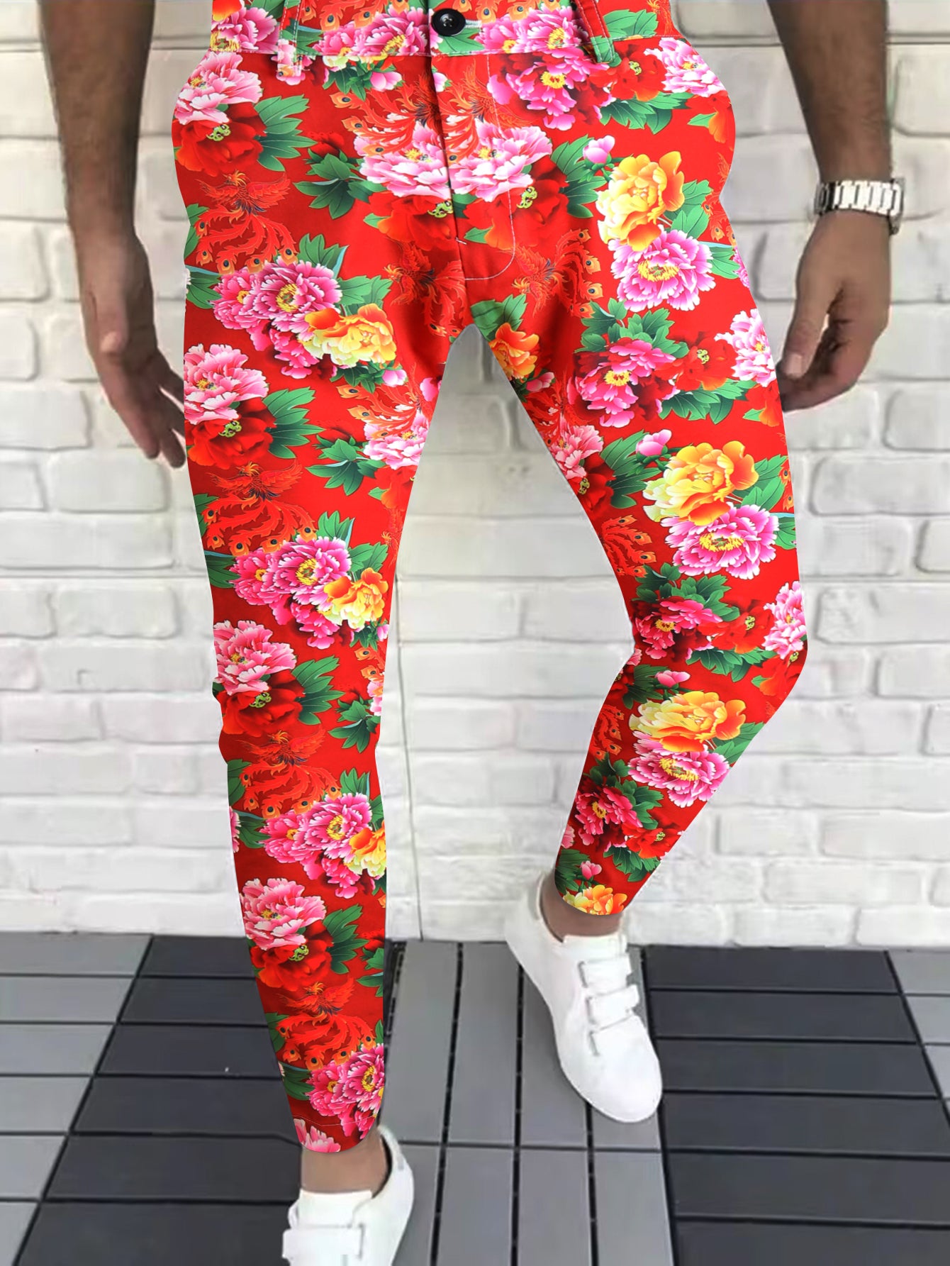 Men's Floral Pattern Leisure Trousers - Pants | Multicolor-red / M