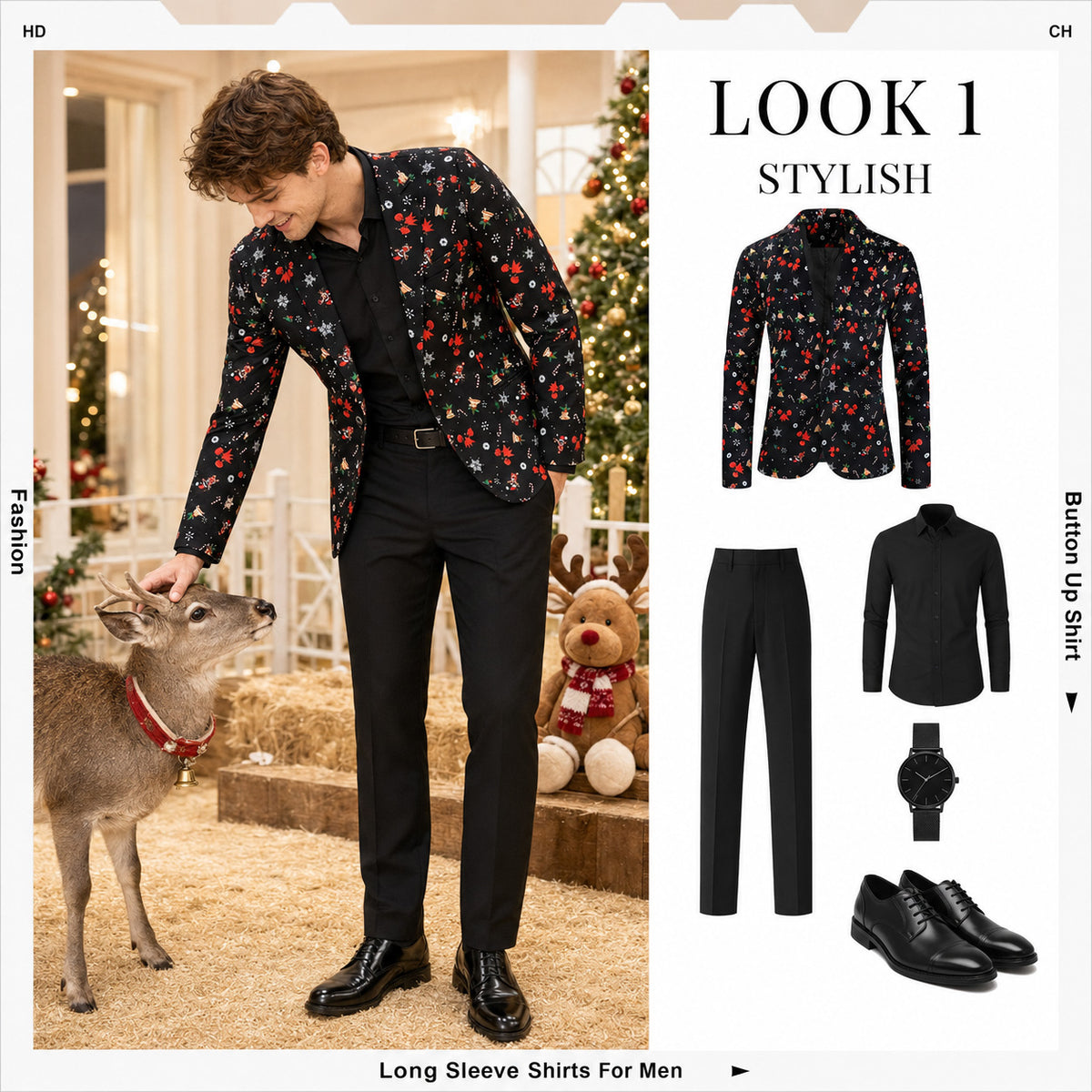 Black Festive Pattern Christmas Suit