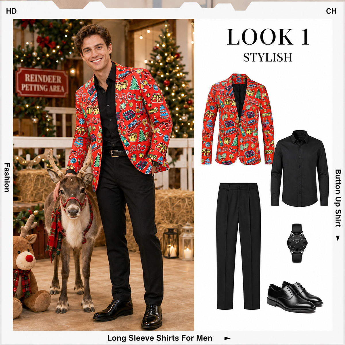 Vibrant Red Christmas Graffiti Printed Suit