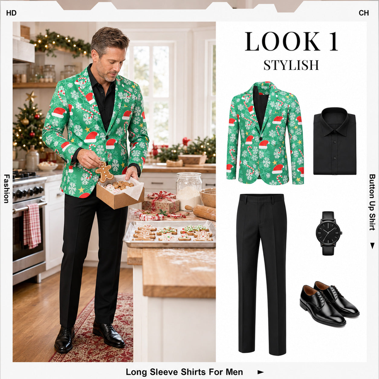 Green Christmas printed blazer styled with black trousers and black shirt | WISHOLIC