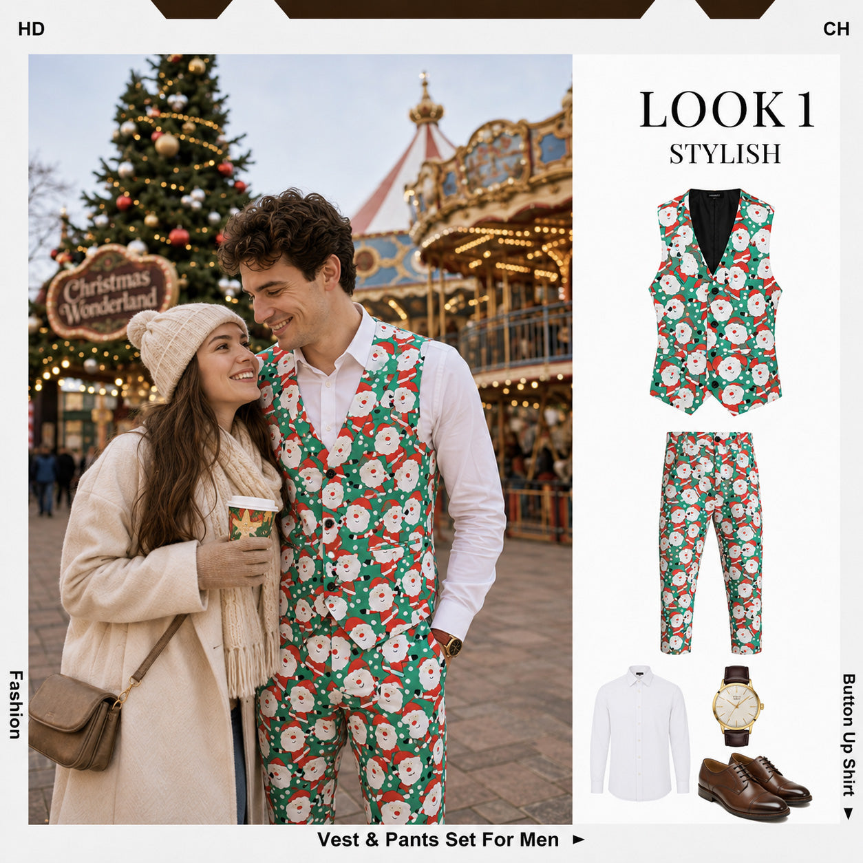 Men's Santa Claus pattern vest and pants set presented with street style lookbook by WISHOLIC