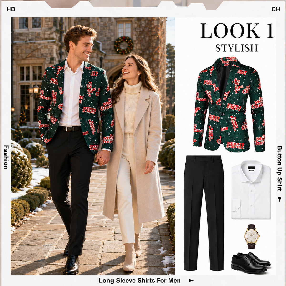 Green "Merry Xmas" Letter Print Christmas Suit