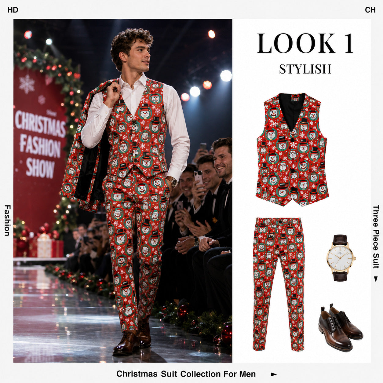 Model walking a runway wearing a WISHOLIC Christmas print vest and matching trousers, alongside flat lay images of the suit components.