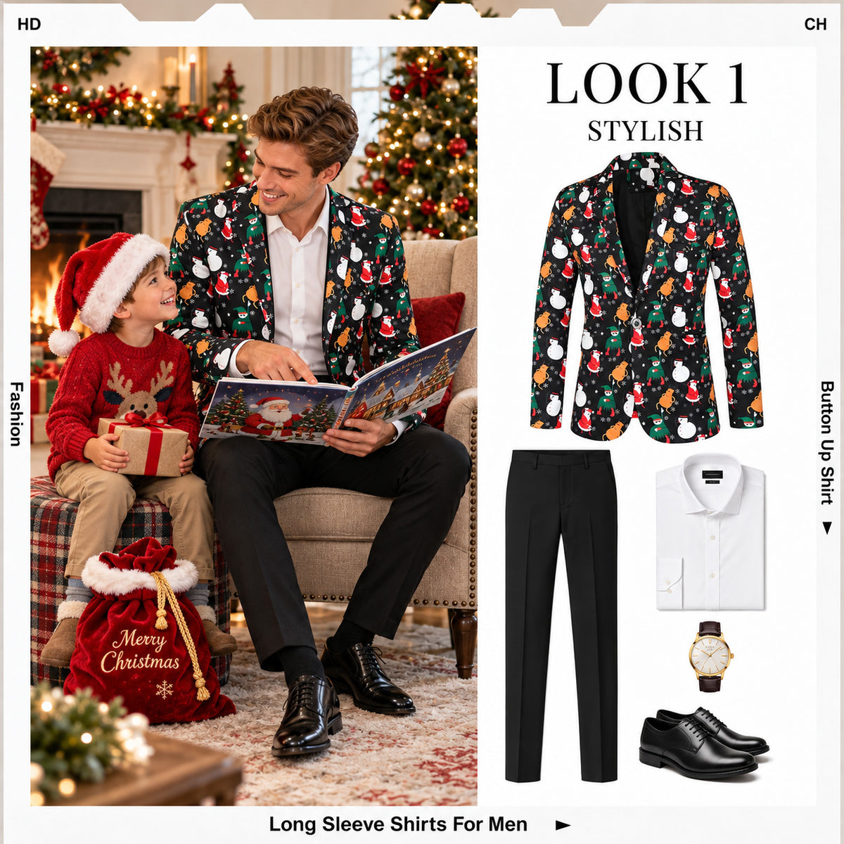 Black Santa Snowman Elf Print Christmas Suit