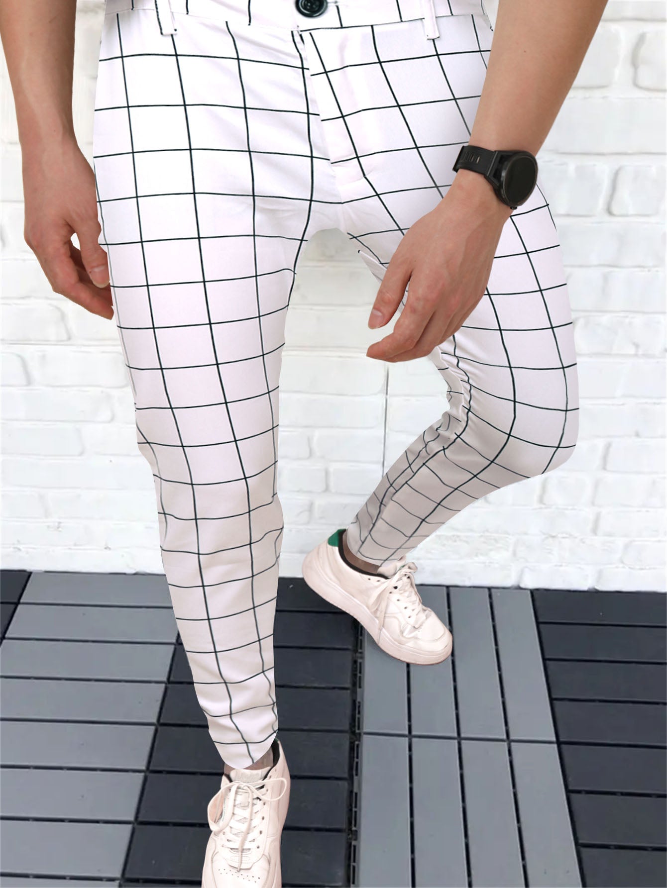 Men's Elegant Plaid Pants #XK6001 - Pants | White / S