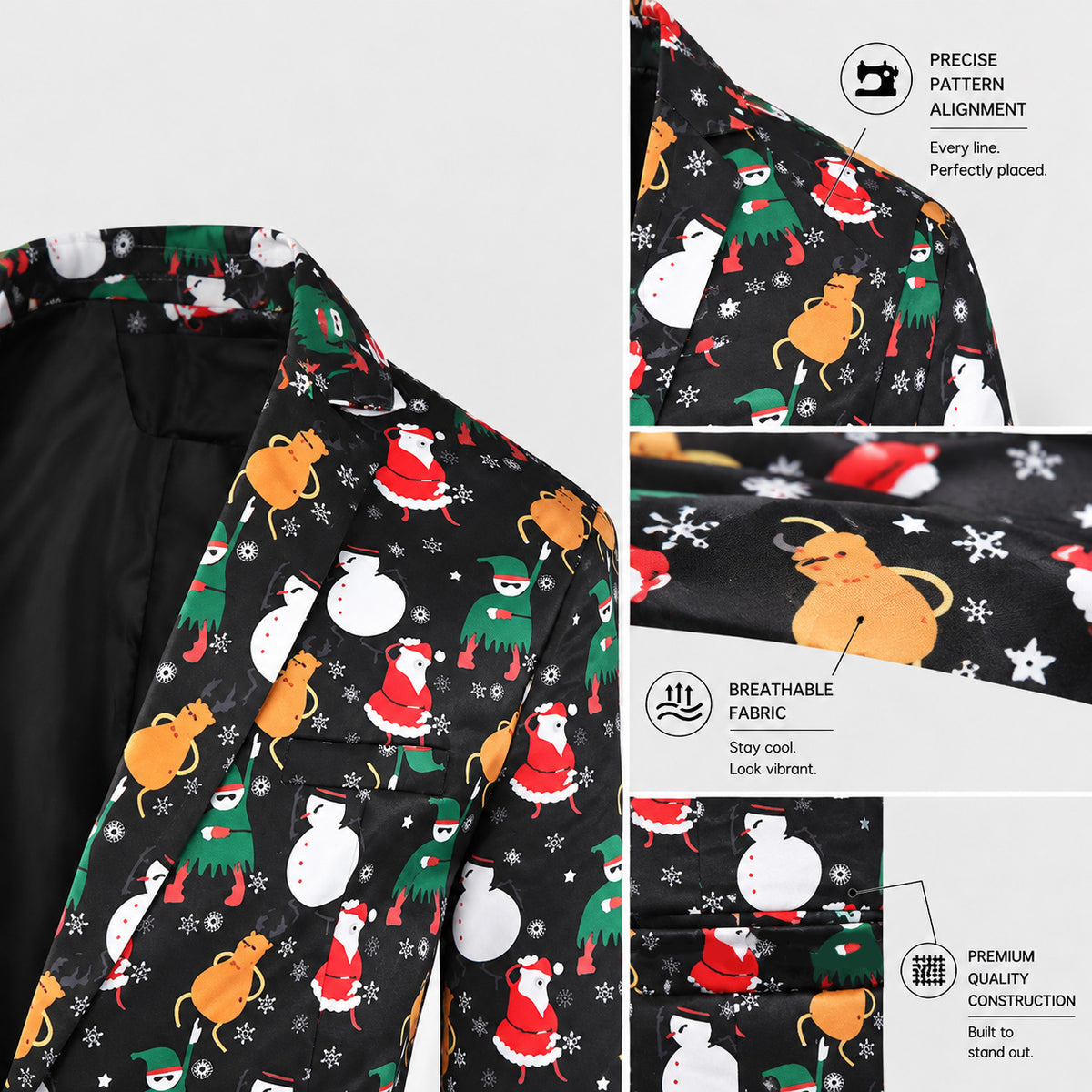 Black Santa Snowman Elf Print Christmas Suit