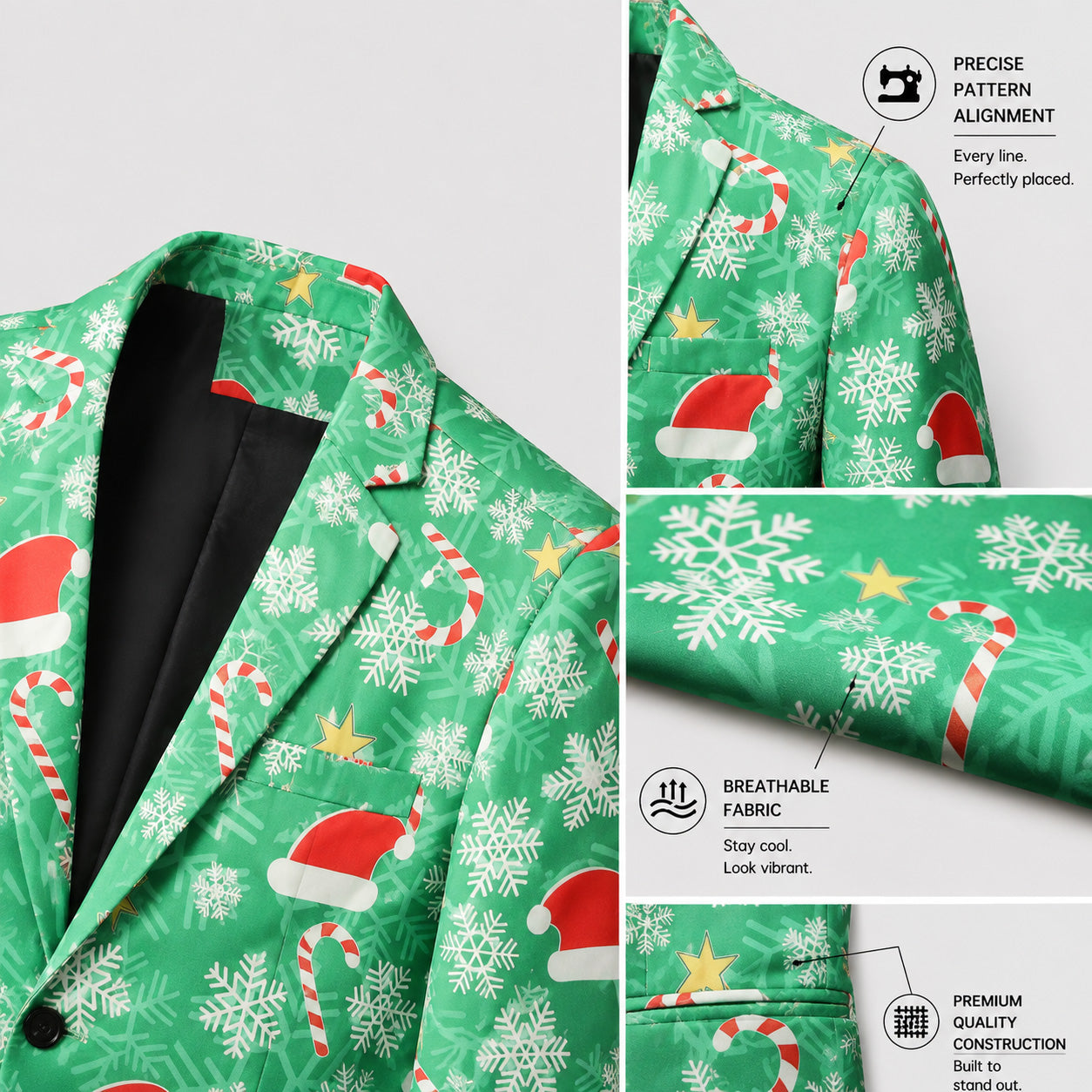 Close-up details of breathable fabric and pattern alignment on green Christmas suit | WISHOLIC