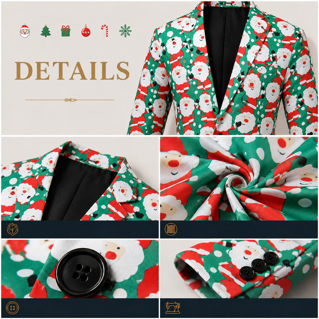 Detailed view of green Santa Claus printed suit showing collar lapel, fabric texture, sleeve cuff, and buttons by WISHOLIC