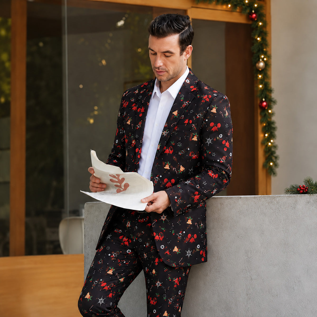 Black Festive Pattern Christmas Suit