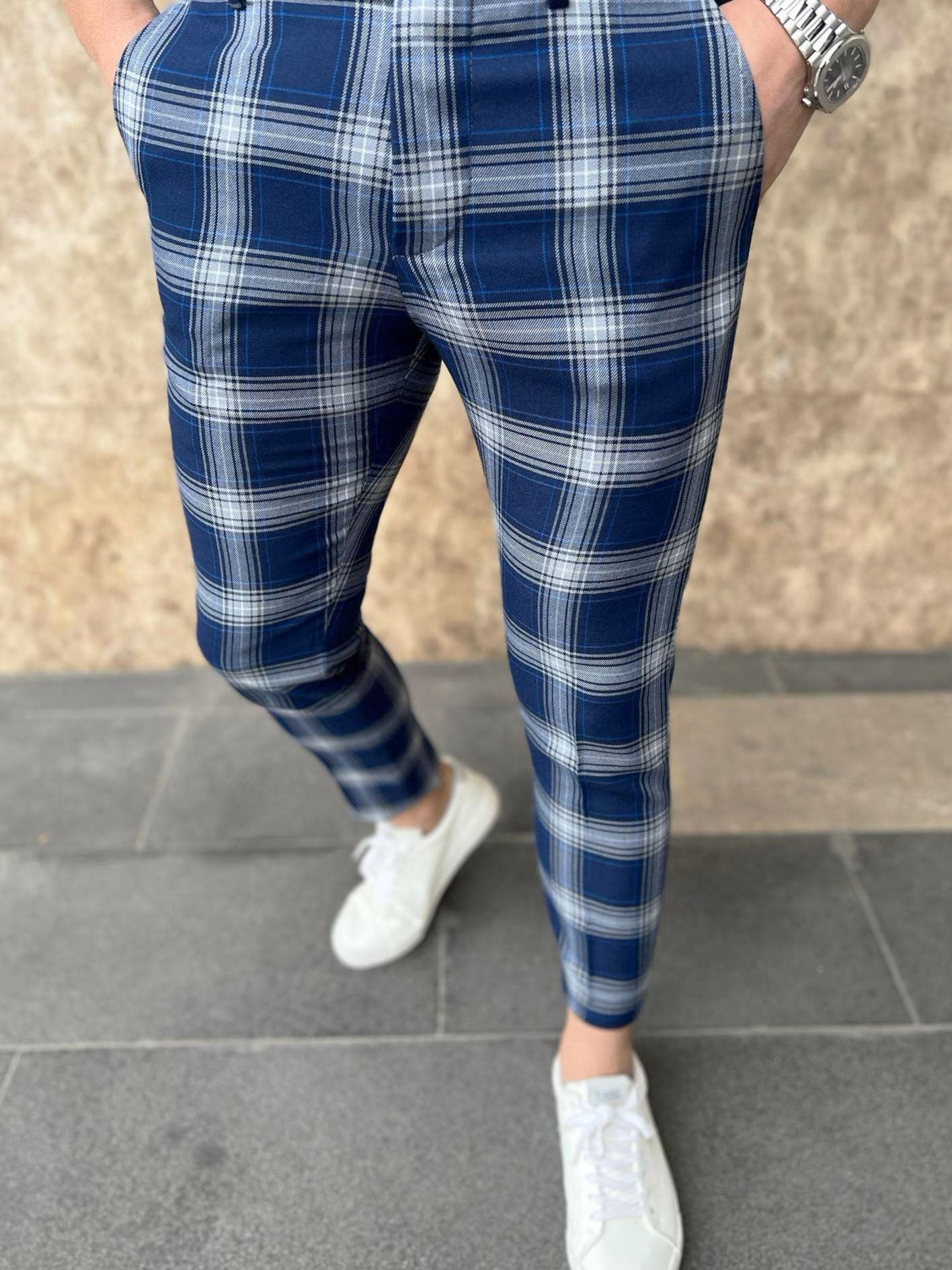 Men's Vintage Plaid Pants #XK6027 - Pants | Blue / S