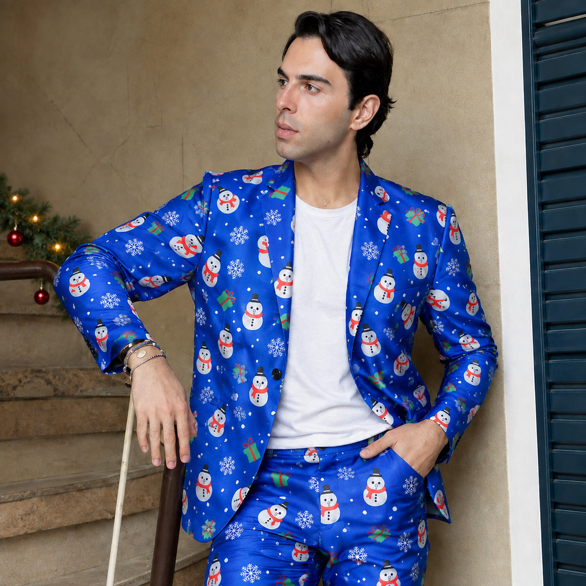 Blue Snowman Printed Christmas Suit