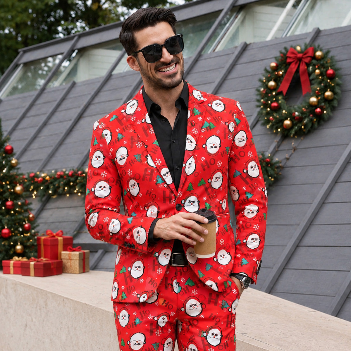 Red Santa Print Christmas Suit