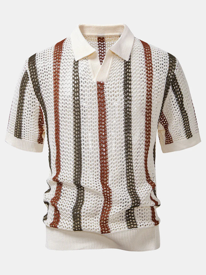 Striped Crochet V Neck Polo & Straight Leg Linen Pants