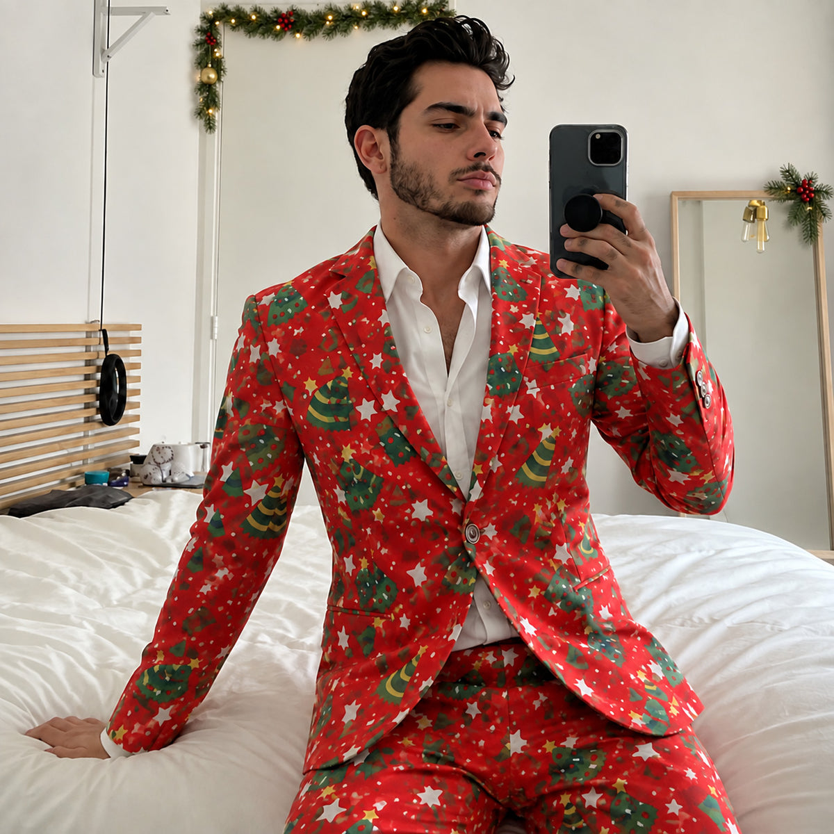 Christmas Tree & Star Patterned Red Suit