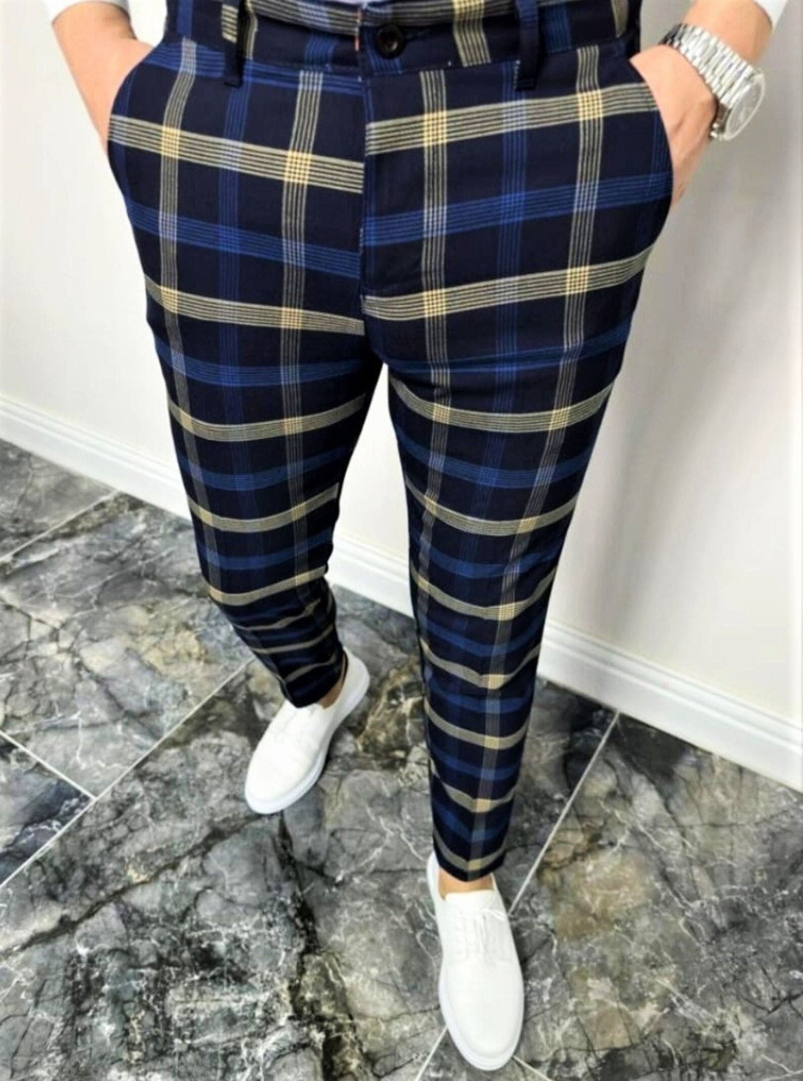 Men’s Timeless Check Pants #XK6021 - Pants | Navy Blue / S