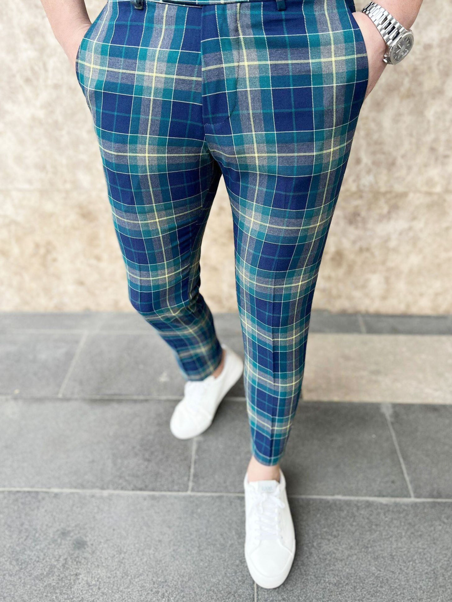 Men's Retro Plaid Pants #XK6029 - Pants | Blue / S