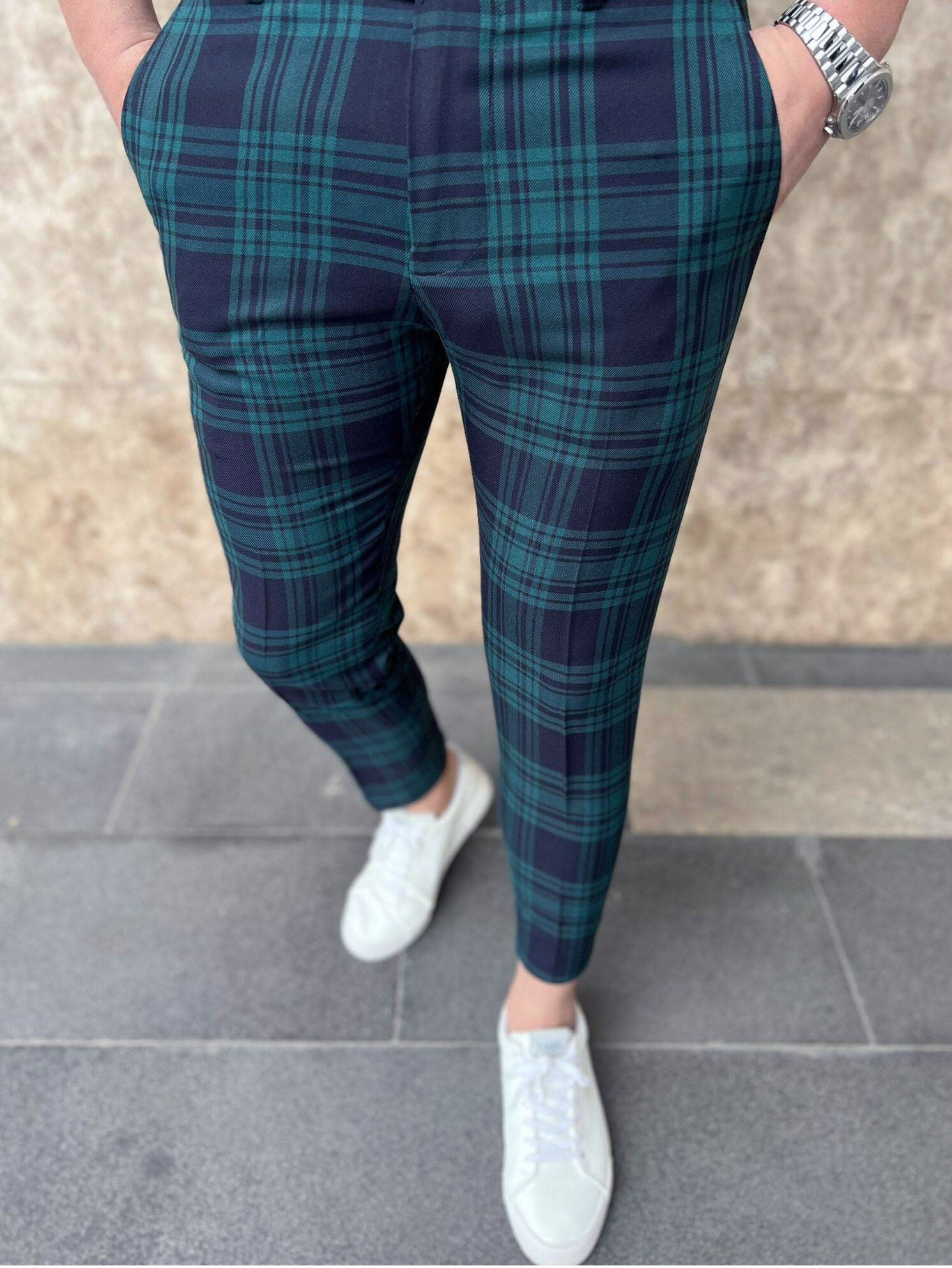 Men's Elegant Checked Pants #XK6030 - Pants | Olive Green / S