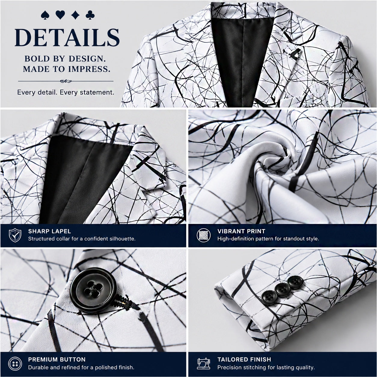 Close-up details of a premium suit showing the sharp lapel, vibrant print, luxury buttons, and tailored finish.