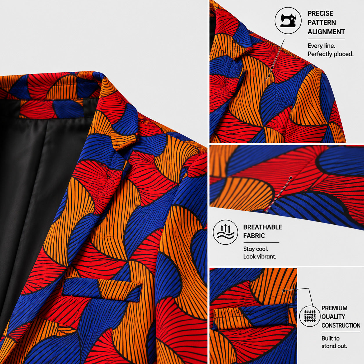 Close-up infograph showing the premium quality construction, precise pattern alignment, and breathable fabric of the African print men's blazer.
