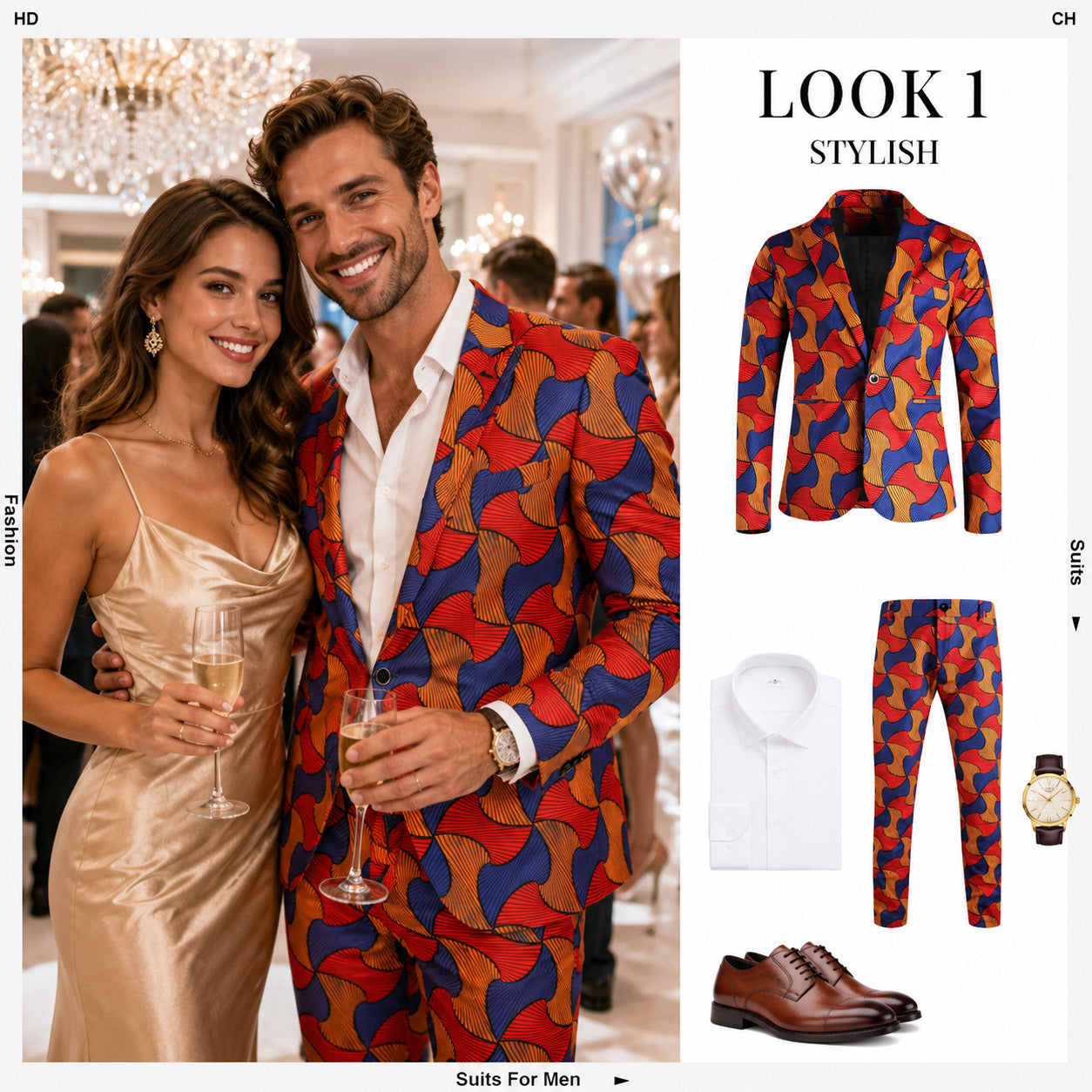 Shopify lookbook layout for Look 1, featuring a full African print suit set paired with a white shirt, brown oxford shoes, and a leather watch.