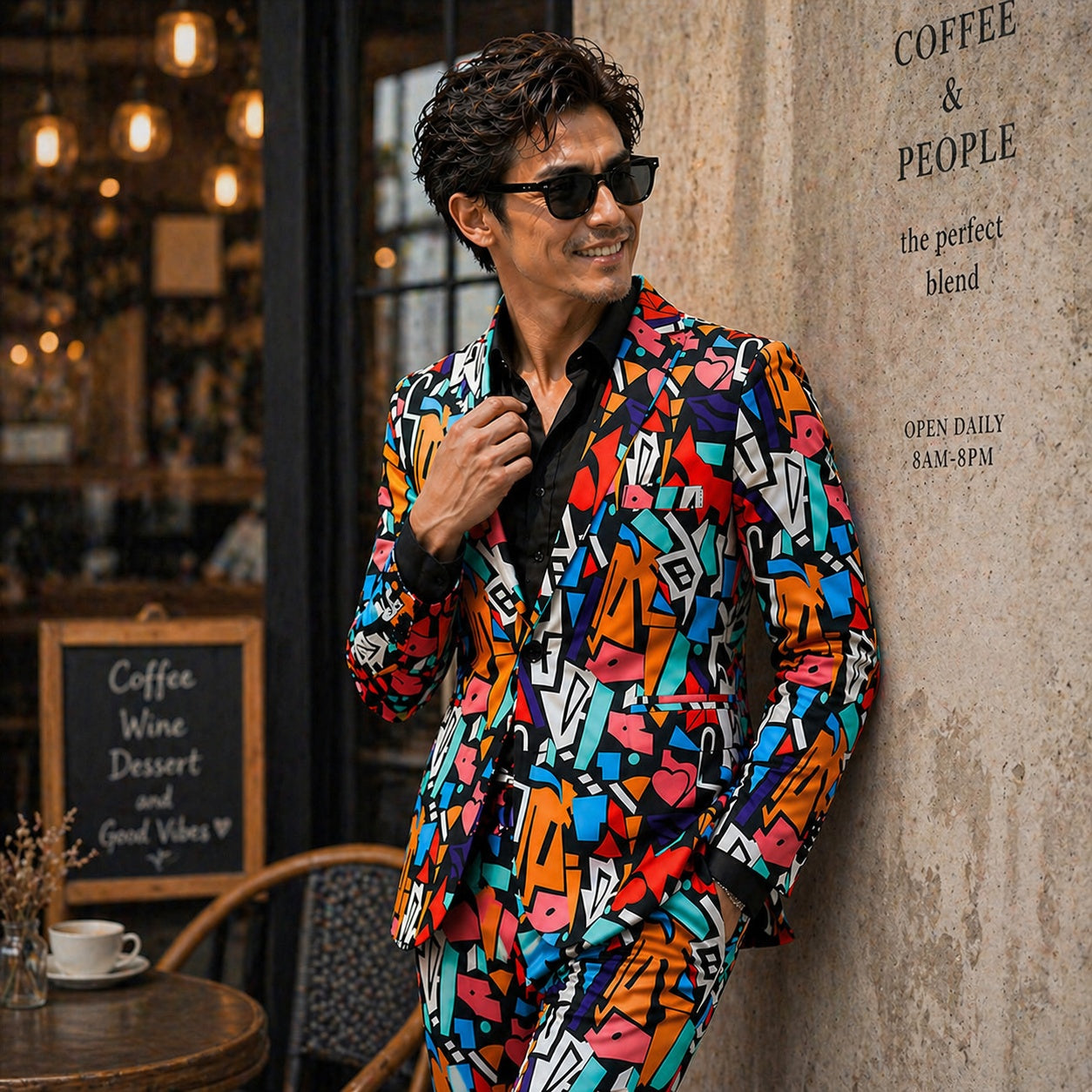 Stylish man in a colorful pop-art pattern blazer at a cafe, trendy urban fashion by Wisholic.
