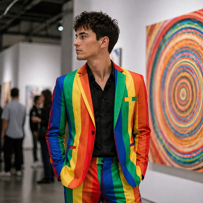 Sophisticated male model in a vibrant multi-colored striped blazer attending an art gallery exhibition.