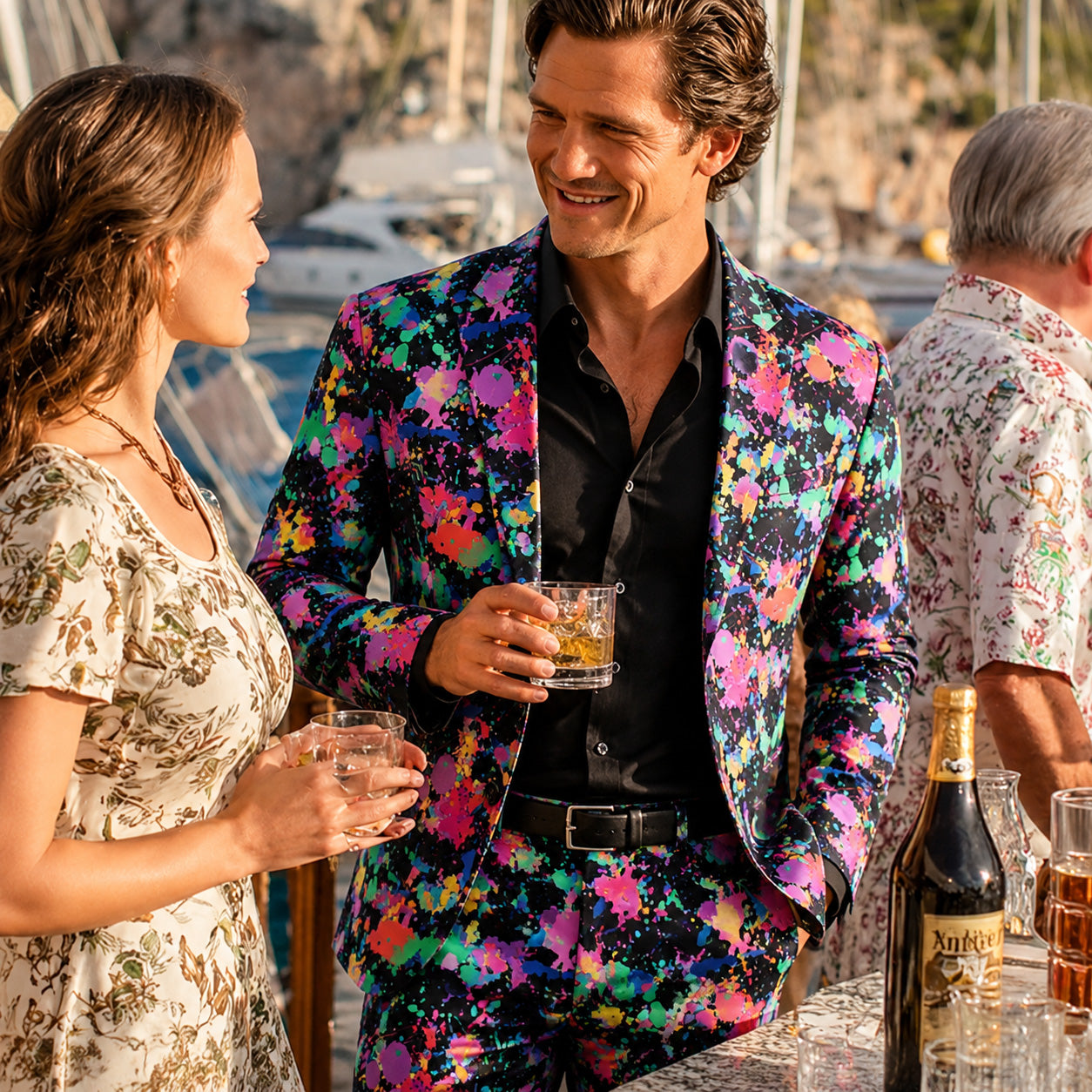 A smiling artist painting in his studio while wearing a WISHOLIC creative multi-color paint splatter print suit.