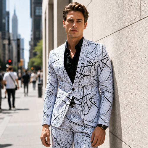 Young man in a slim fit white blazer with black artistic graphic lines walking on a sunny city street.