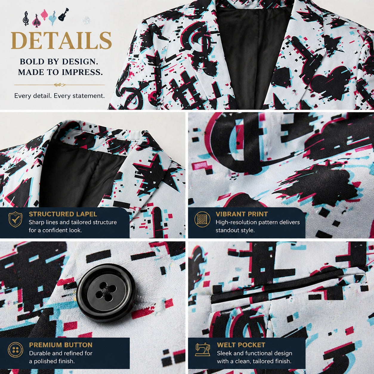 Close-up details of the musical print suit showing structured lapel, premium buttons, and welt pocket.