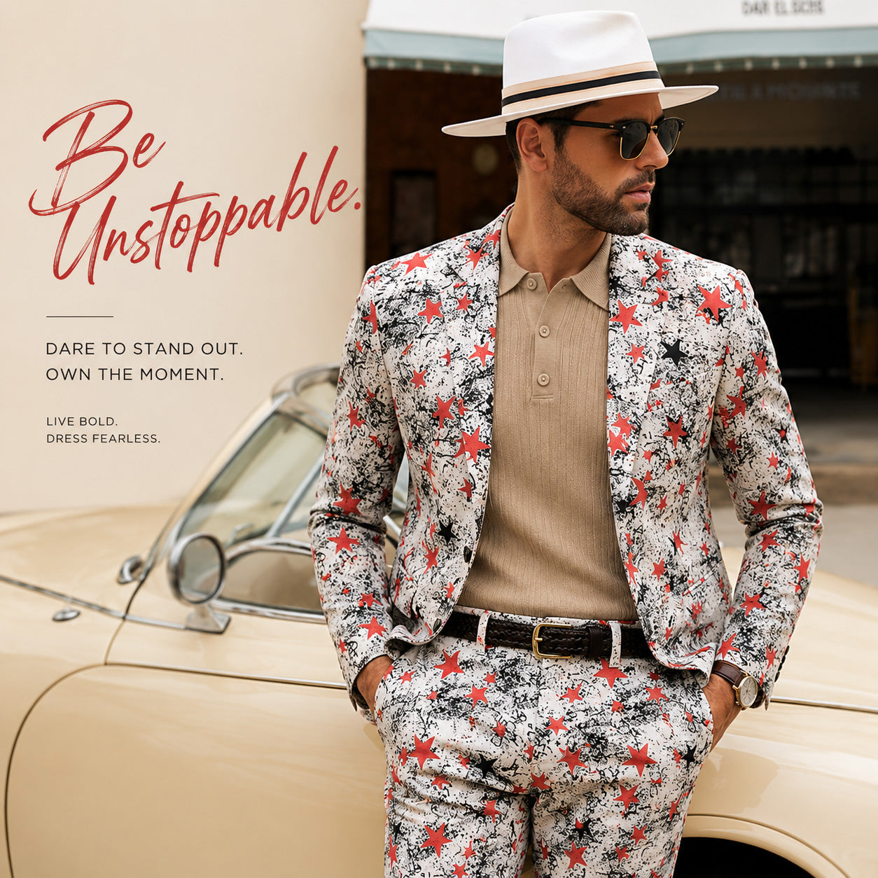 Sophisticated styling of a men's red star graffiti suit jacket paired with a beige polo shirt and white fedora hat, leaning against a classic vintage car.