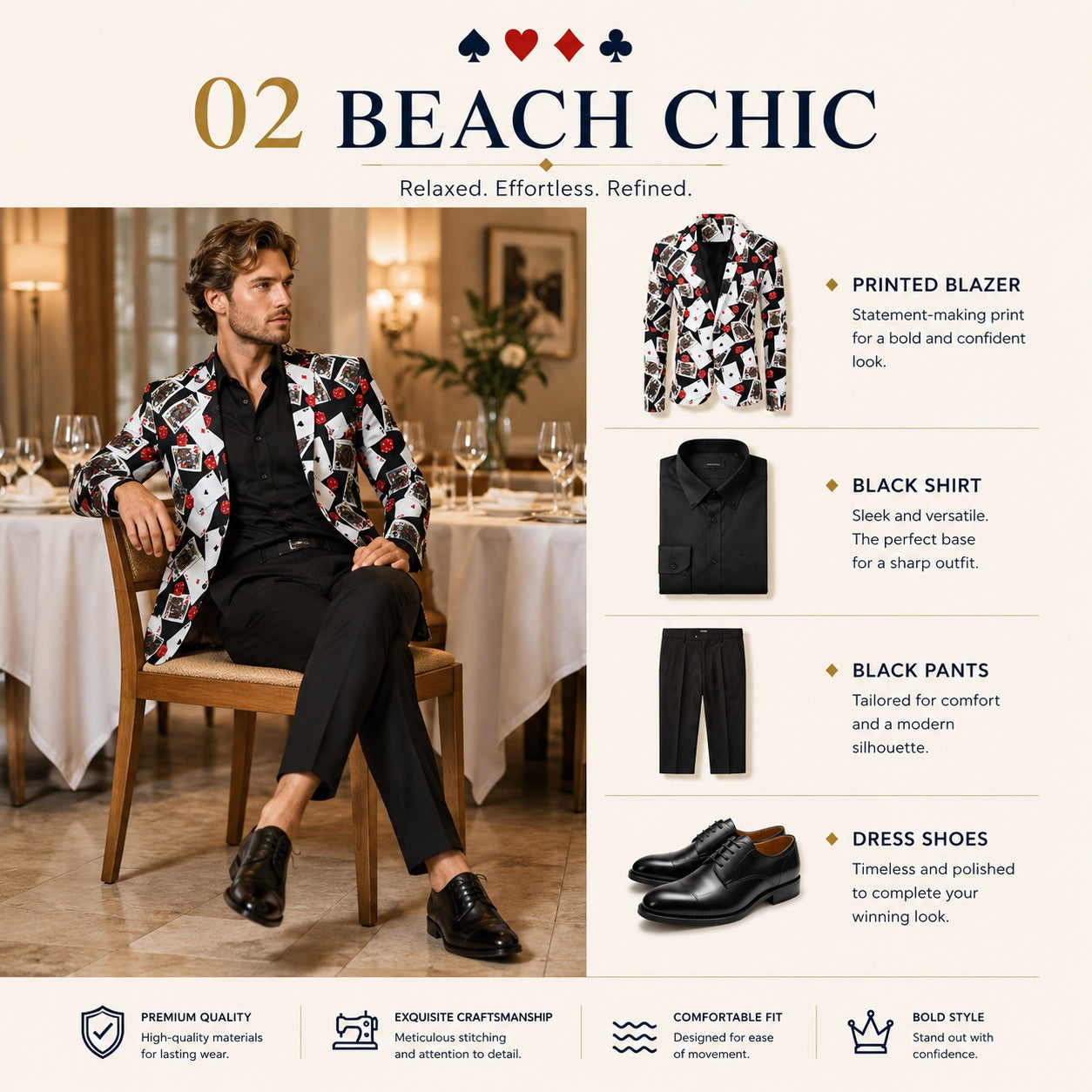 'Beach Chic' style guide showing a playing card blazer paired with black trousers and dress shoes at a dinner setting.