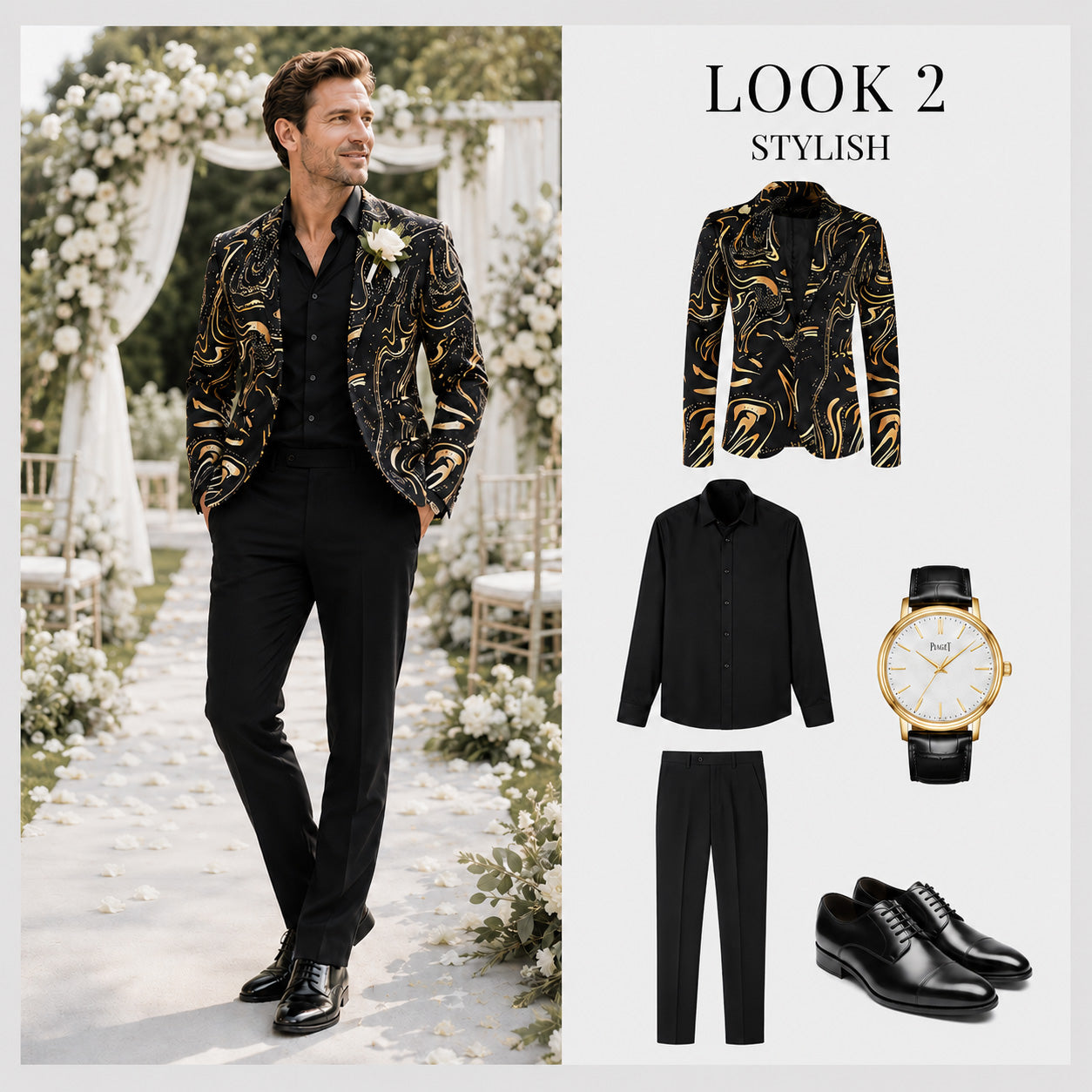 Shopify outfit guide Look 2 featuring a black and gold marble blazer paired with solid black dress pants for a wedding