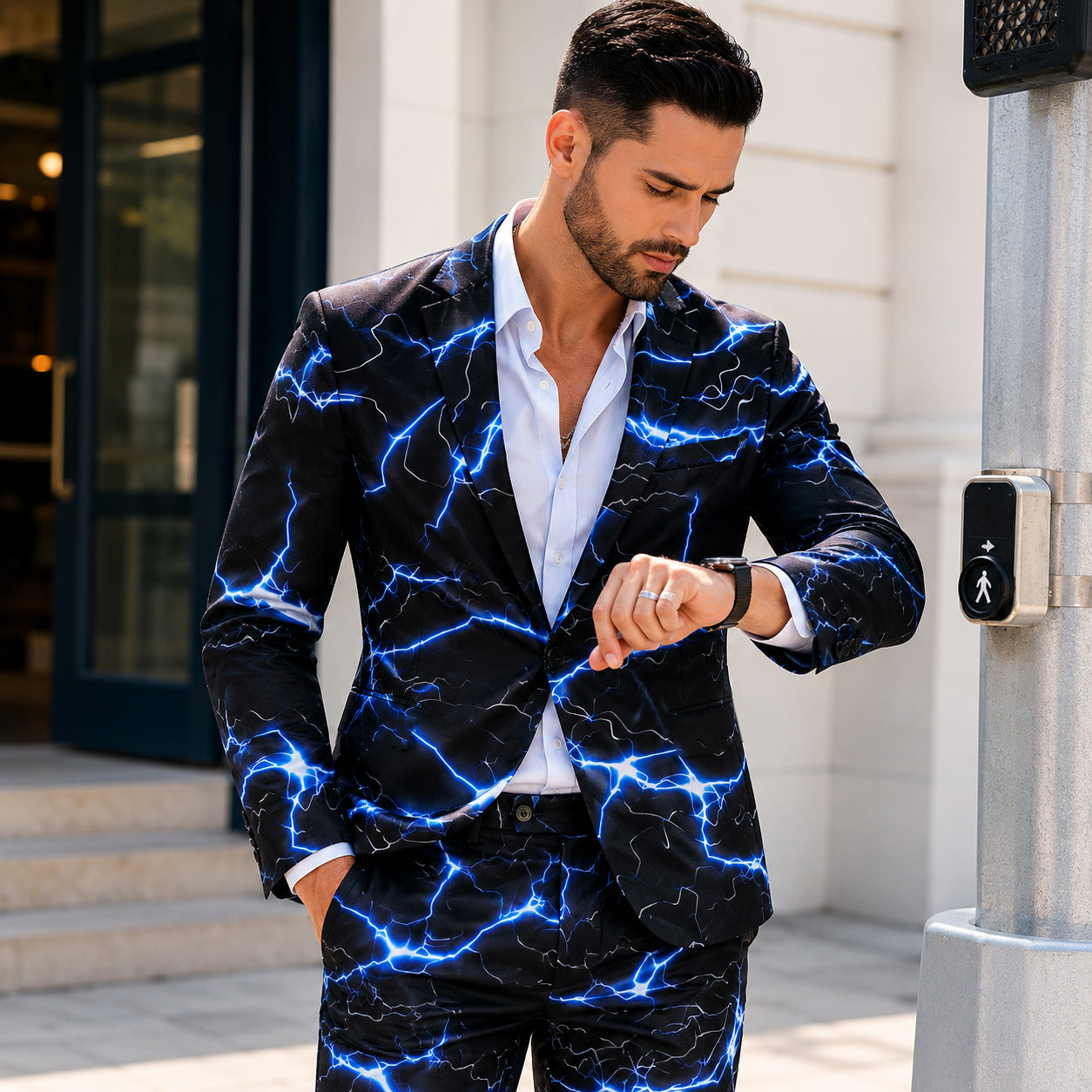 Handsome man wearing a slim fit men's suit with vibrant blue lightning bolt patterns, standing in front of a museum entrance.