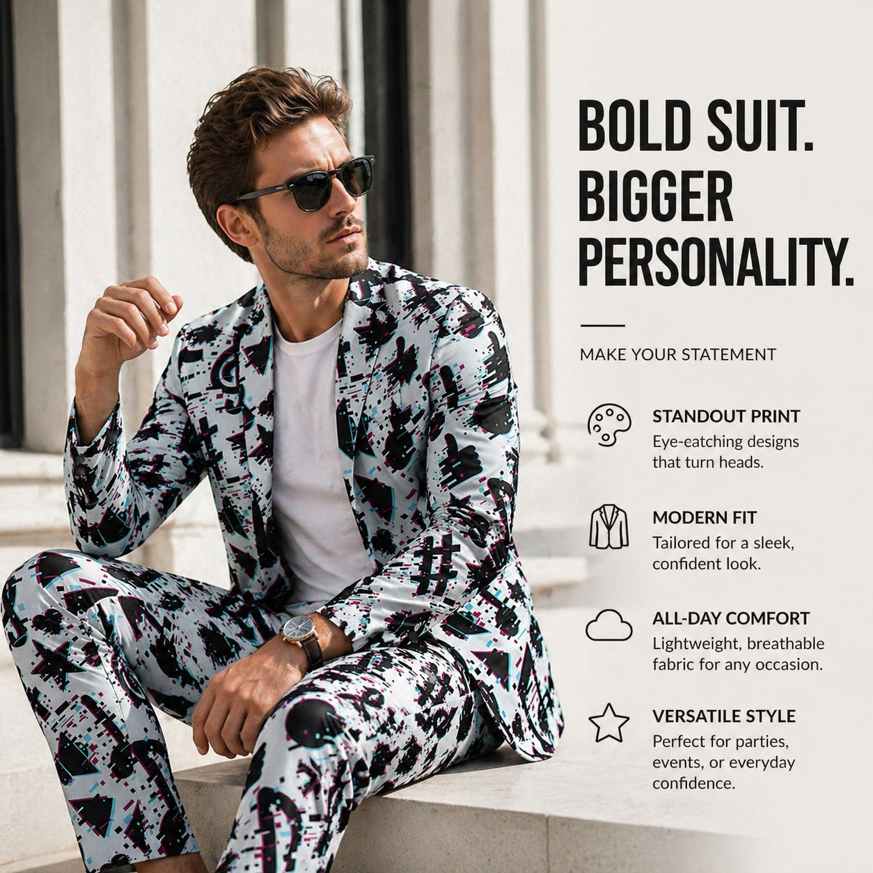 Stylish man sitting outdoors wearing a bold musical note pattern suit with white t-shirt and sunglasses.