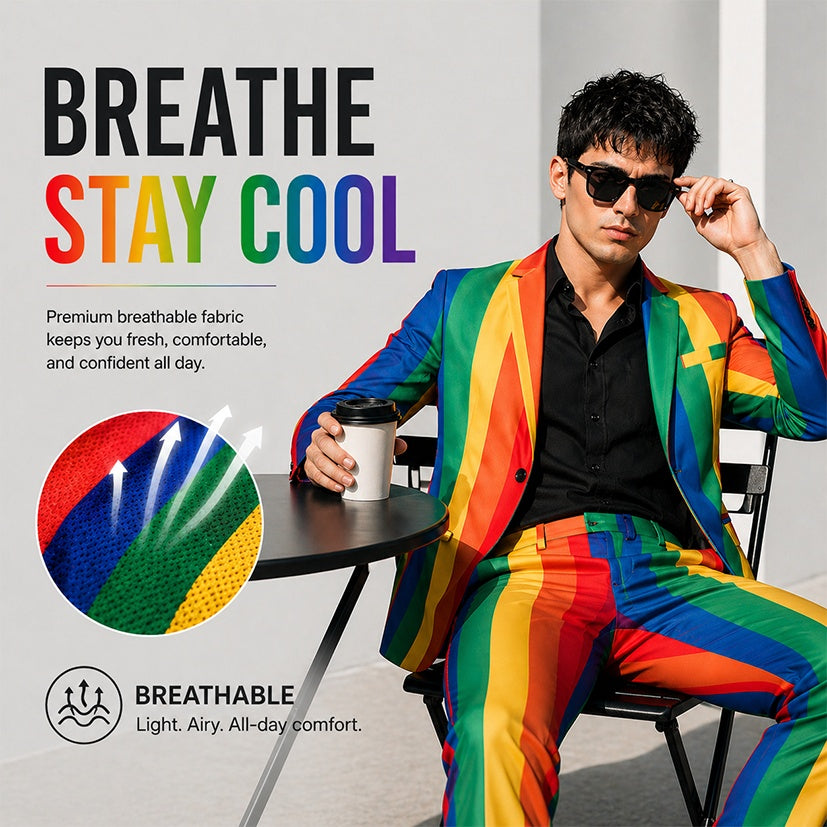 Man relaxing at a cafe wearing a lightweight and breathable rainbow suit designed for all-day comfort.