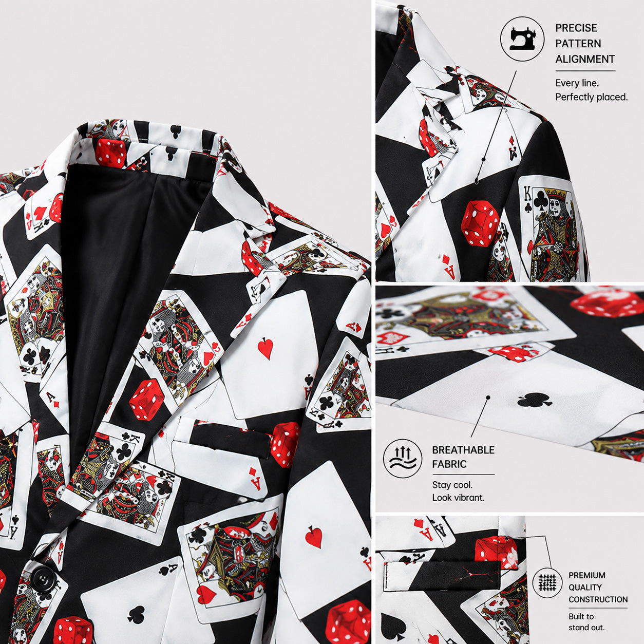 Product detail infographic showing precise pattern alignment, premium quality construction, and breathable fabric of the poker print blazer.