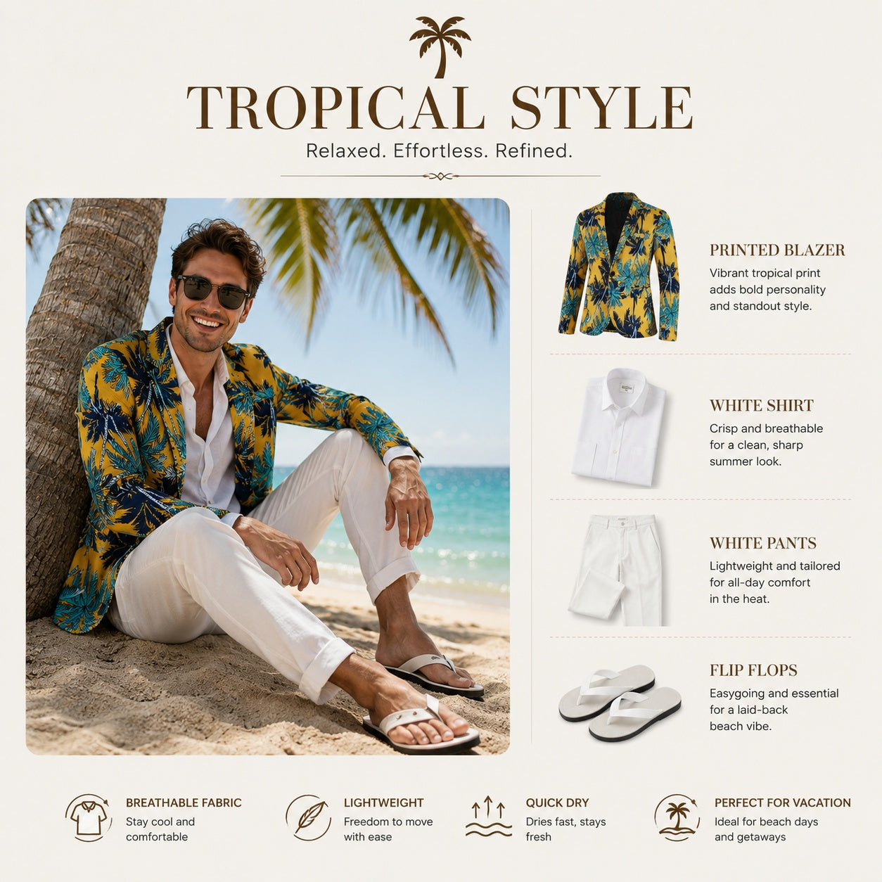 Casual beach outfit with yellow palm print blazer, white pants and flip flops