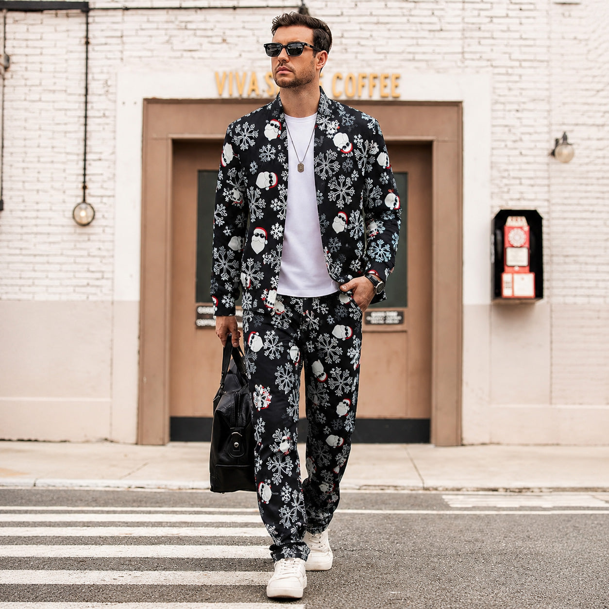 Model wearing men's casual black Christmas pattern printed jacket and pants outdoors | WISHOLIC