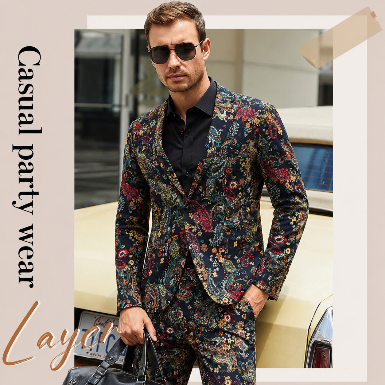 Fashion ad featuring a men's premium paisley blazer for casual party wear layered over a black collared shirt, leaning against a vintage car.