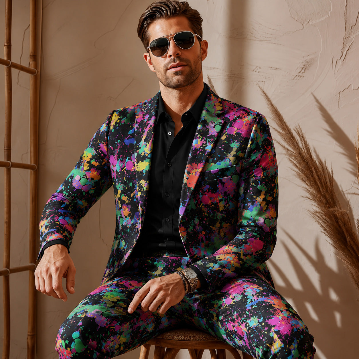 Close-up of a premium men's colorful abstract paint splatter blazer and matching trousers, styled with sunglasses and a black dress shirt.