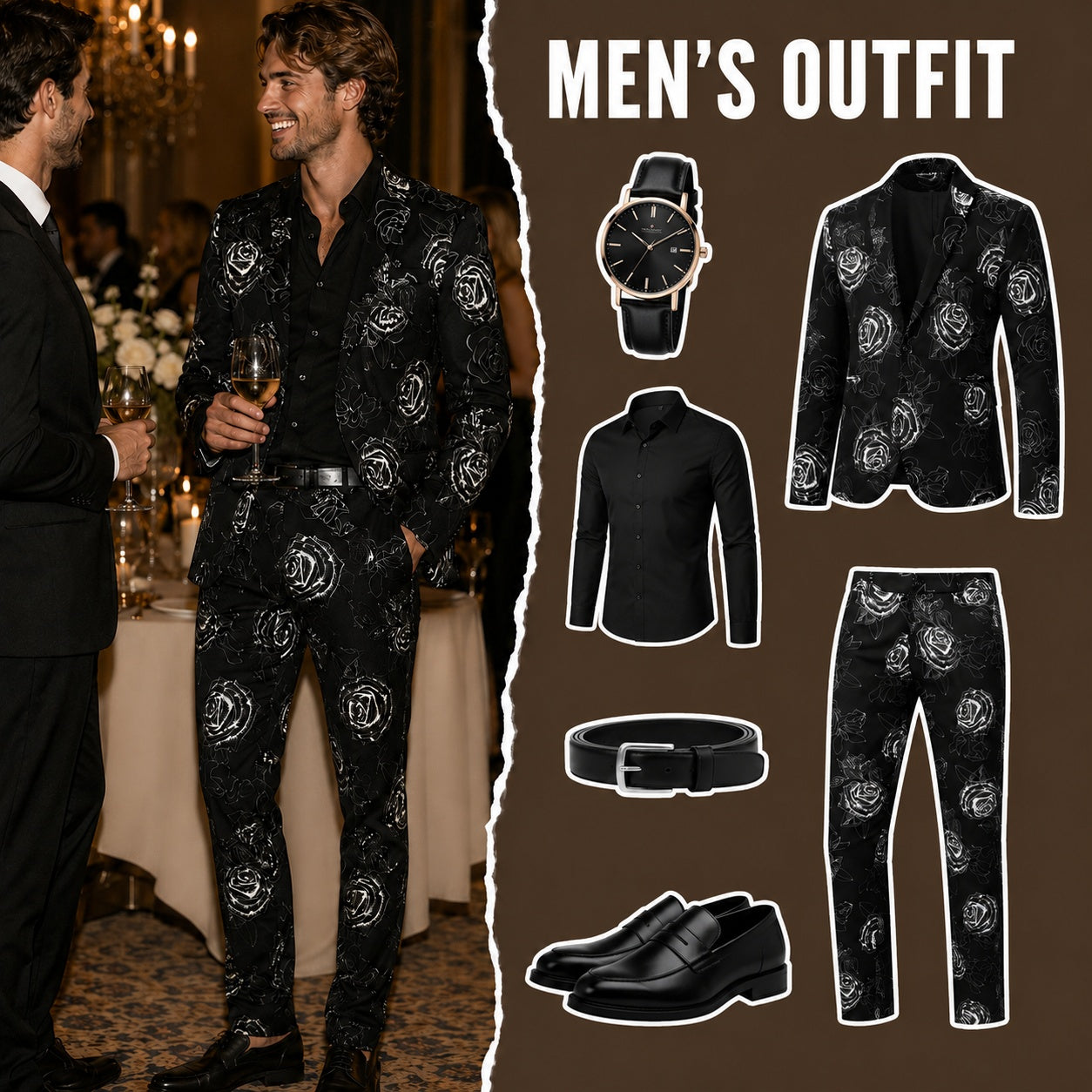 Complete men's outfit guide featuring a white rose printed suit, black dress shirt, leather loafers, and gold watch.