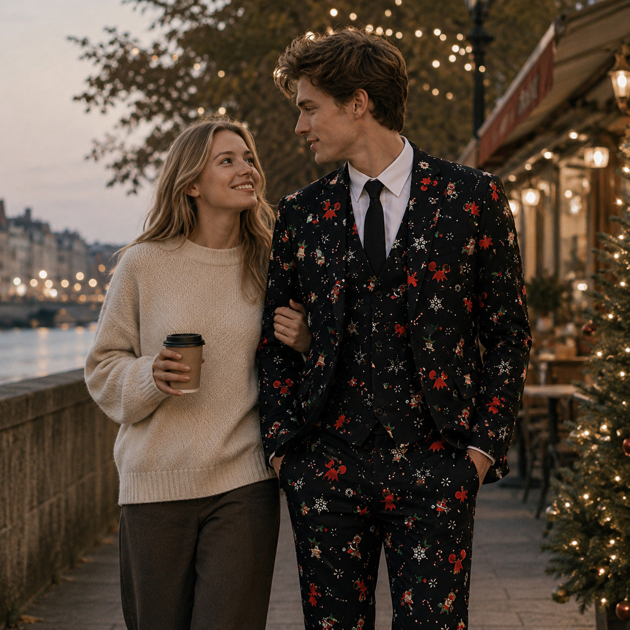 Smiling couple walking along a street at night, man wearing a black Christmas themed 3-piece suit.