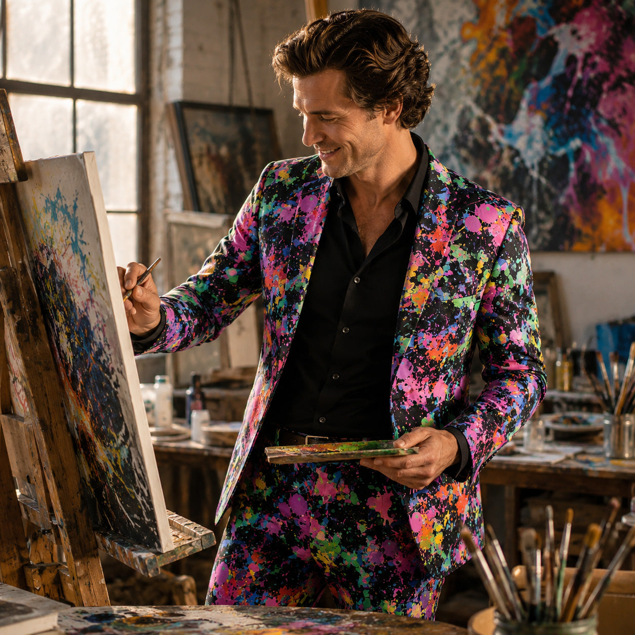 A man socialising at a yacht party wearing a bold neon paint splatter suit over a black unbuttoned dress shirt.