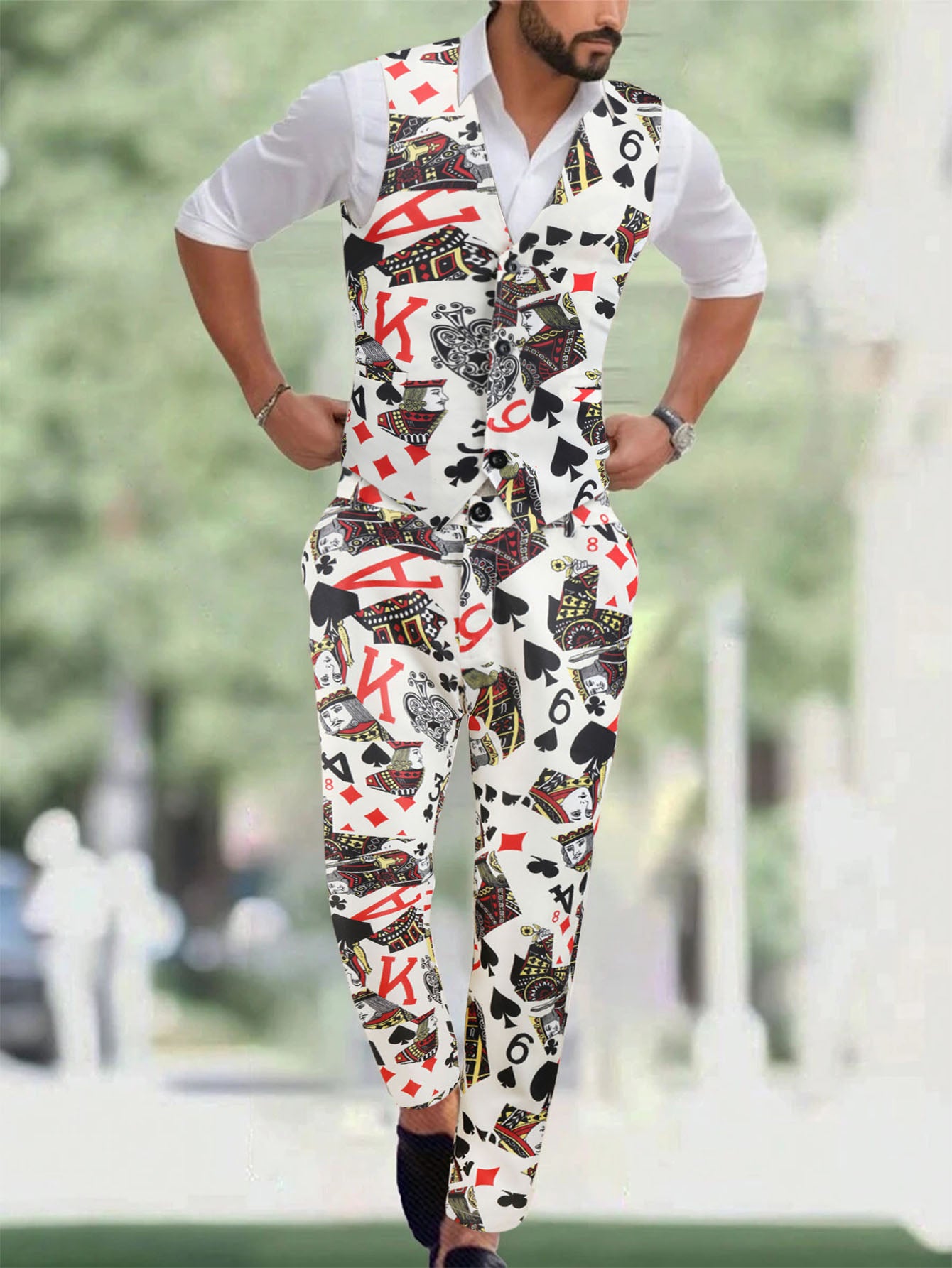 Men's Poker Print Vest Suit - Vests | Multicolour / M