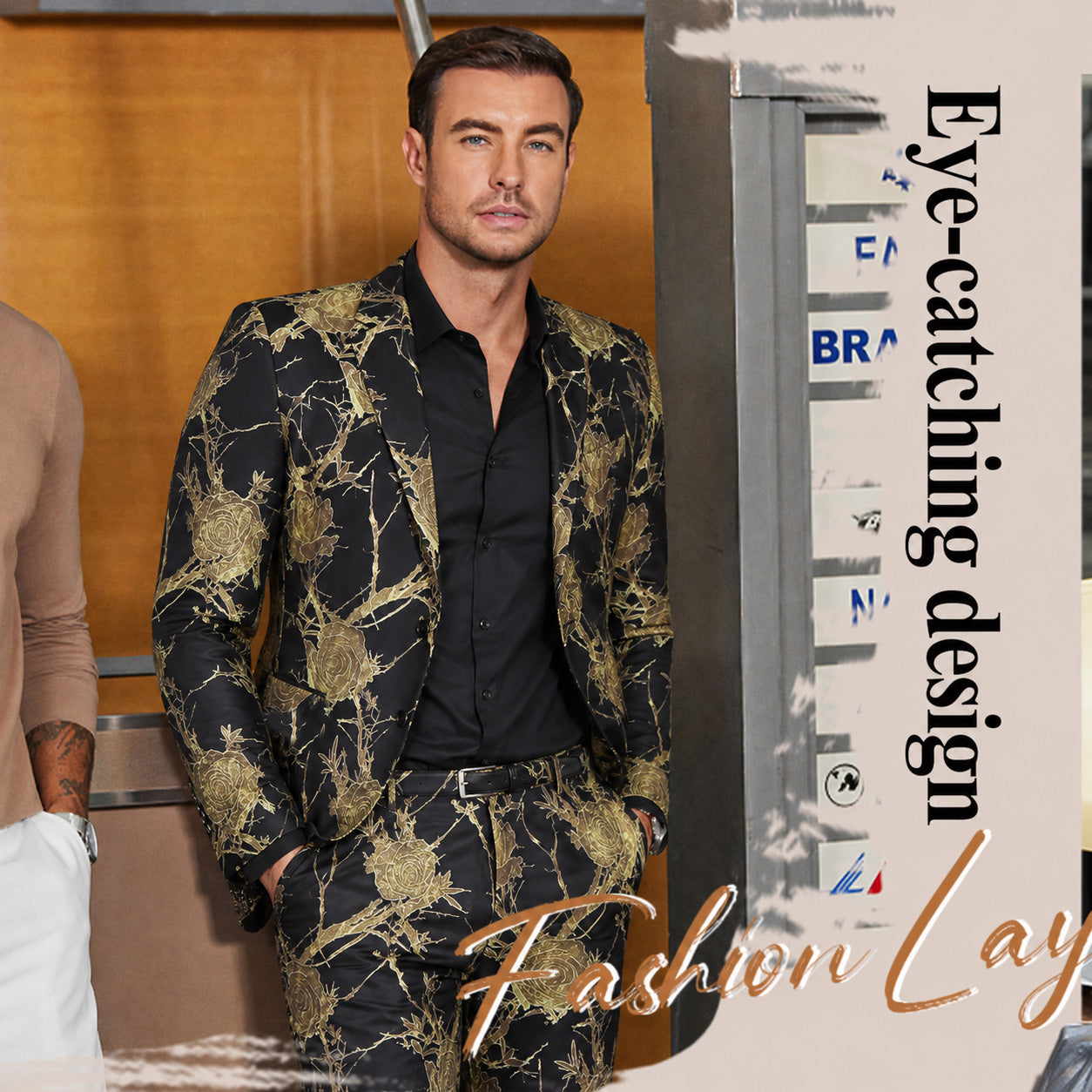 Eye-catching fashion design: Men's black button-down shirt paired with a luxury gold pattern blazer for prom or party.