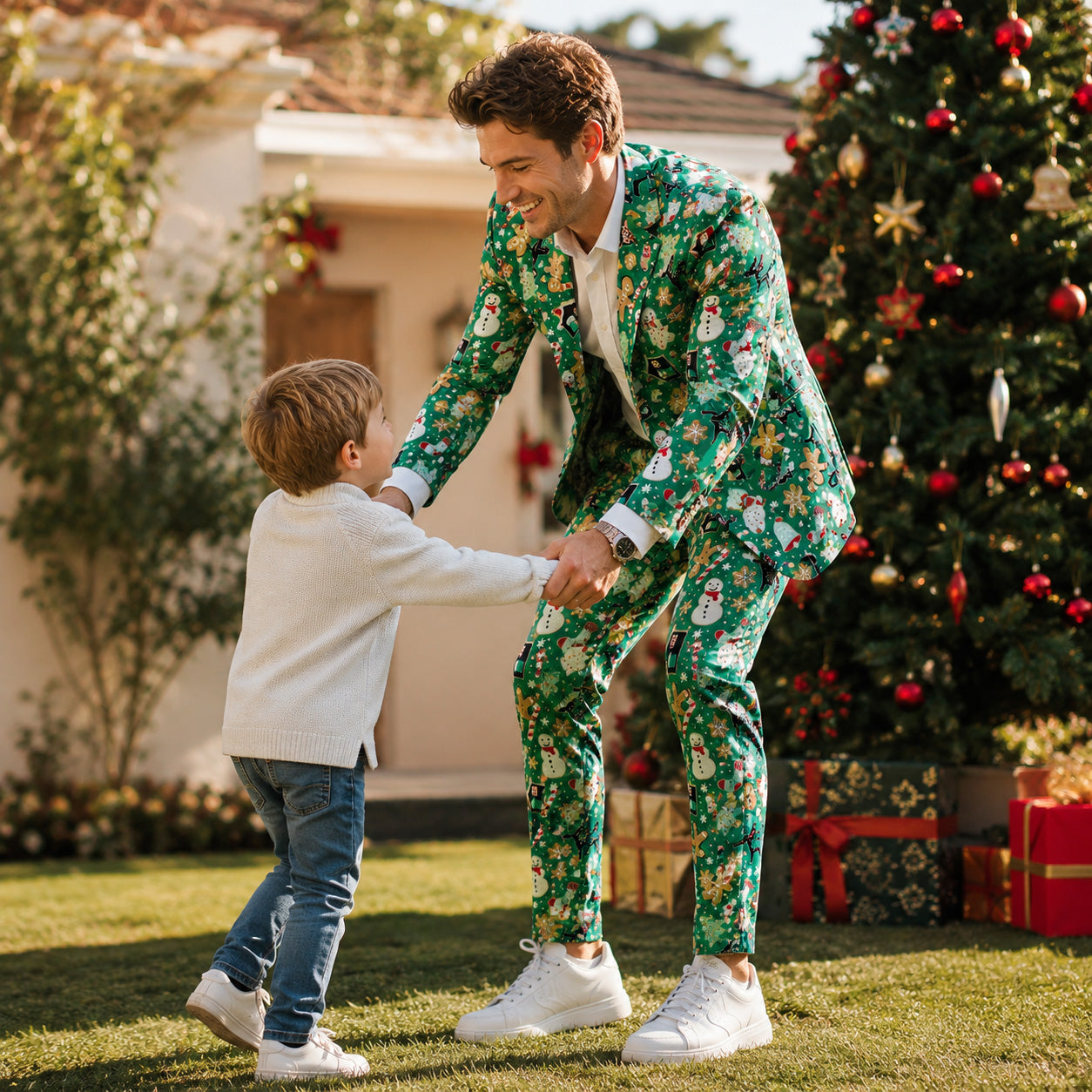 Man wearing a festive green christmas printed suit playing with a young boy outdoors next to a christmas tree.