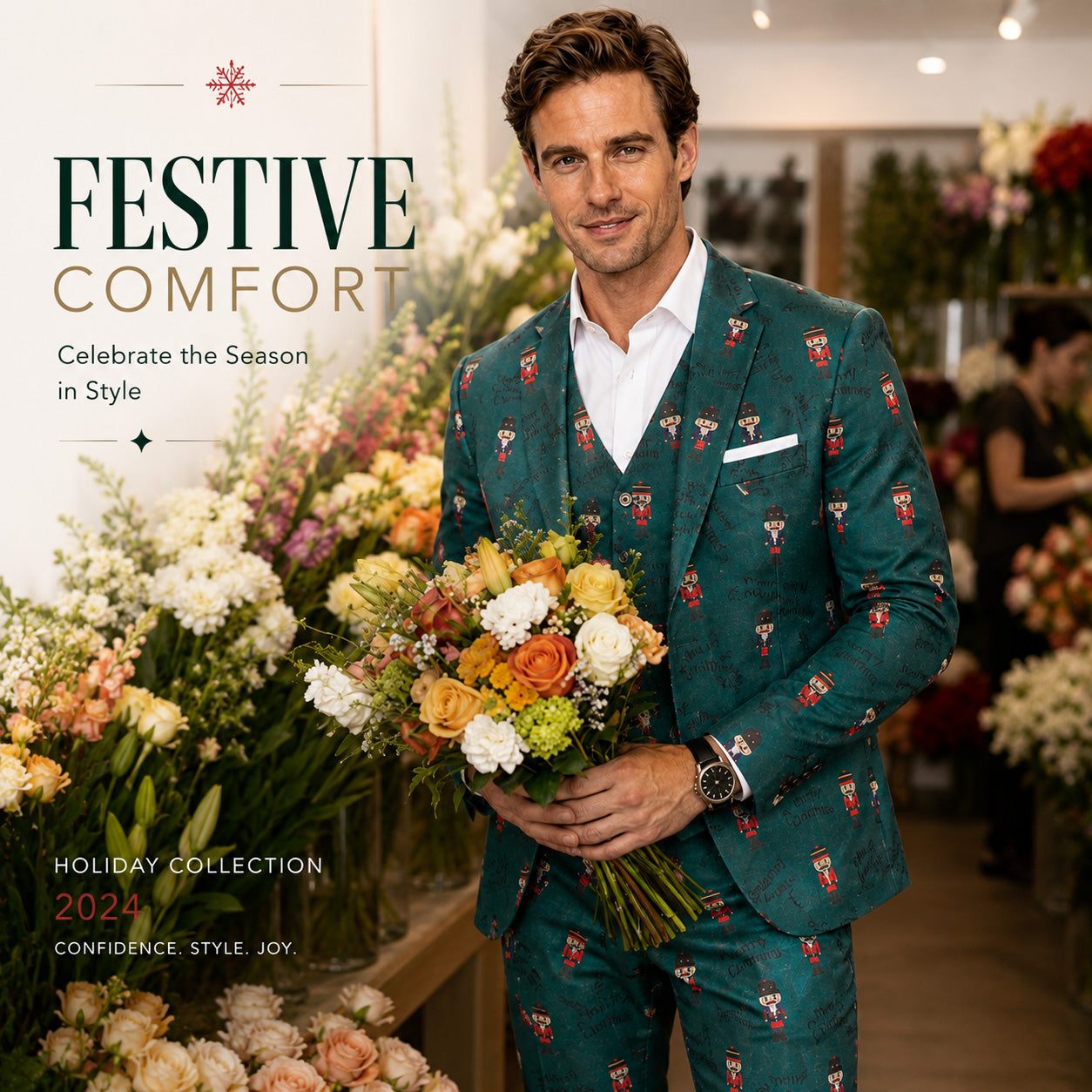 Model holding flowers in a green nutcracker print Christmas suit for holiday collection by WISHOLIC